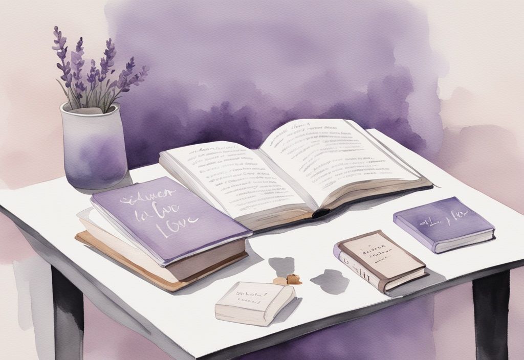 Minimalistic watercolor illustration of books for narcissists on self-improvement and self-love, one book with a mirror cover, on a sleek reflective table, lavender theme.