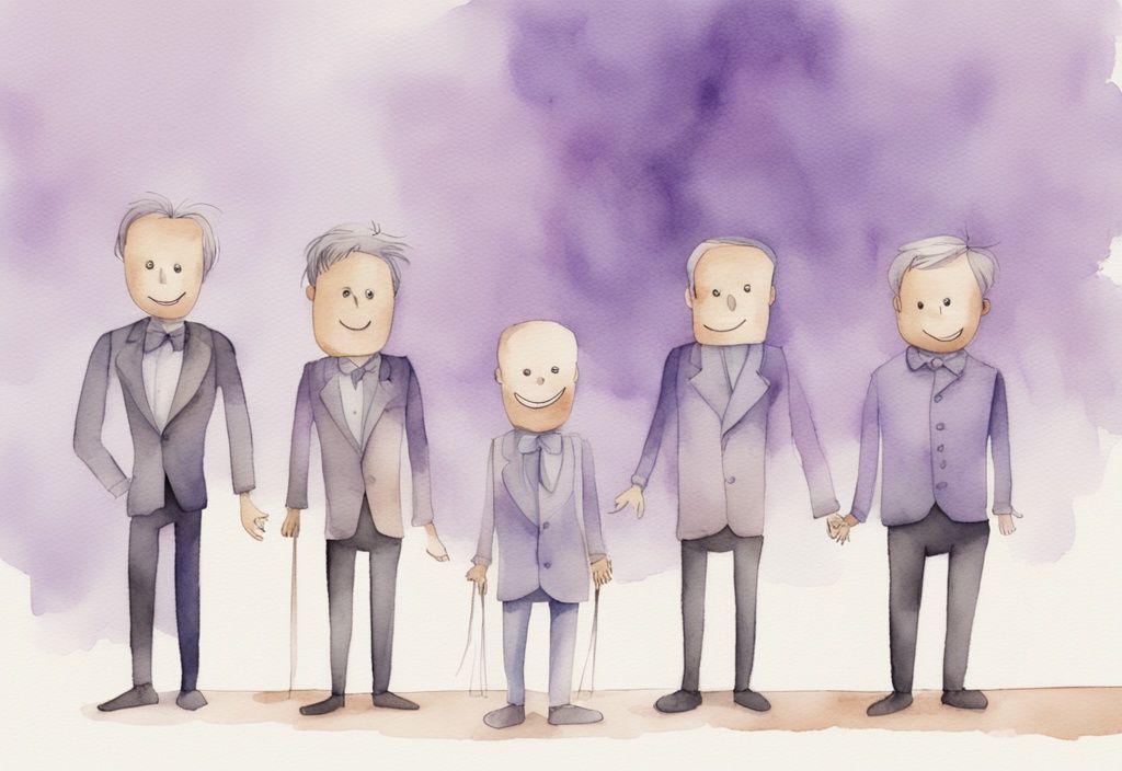 Minimalistic watercolor illustration of a grandiose narcissist with a charming smile manipulating puppet figures of fearful people in lavender tones.