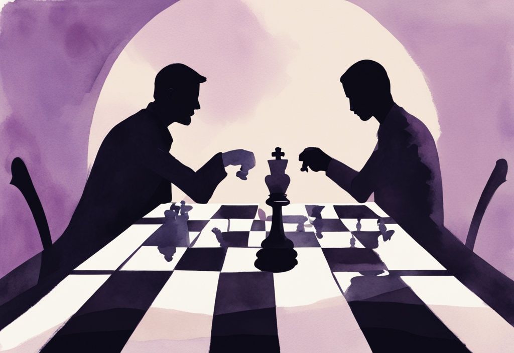 Minimalistic lavender watercolor illustration of a shadowy figure manipulating a chess game, symbolizing covert narcissist cheating patterns.