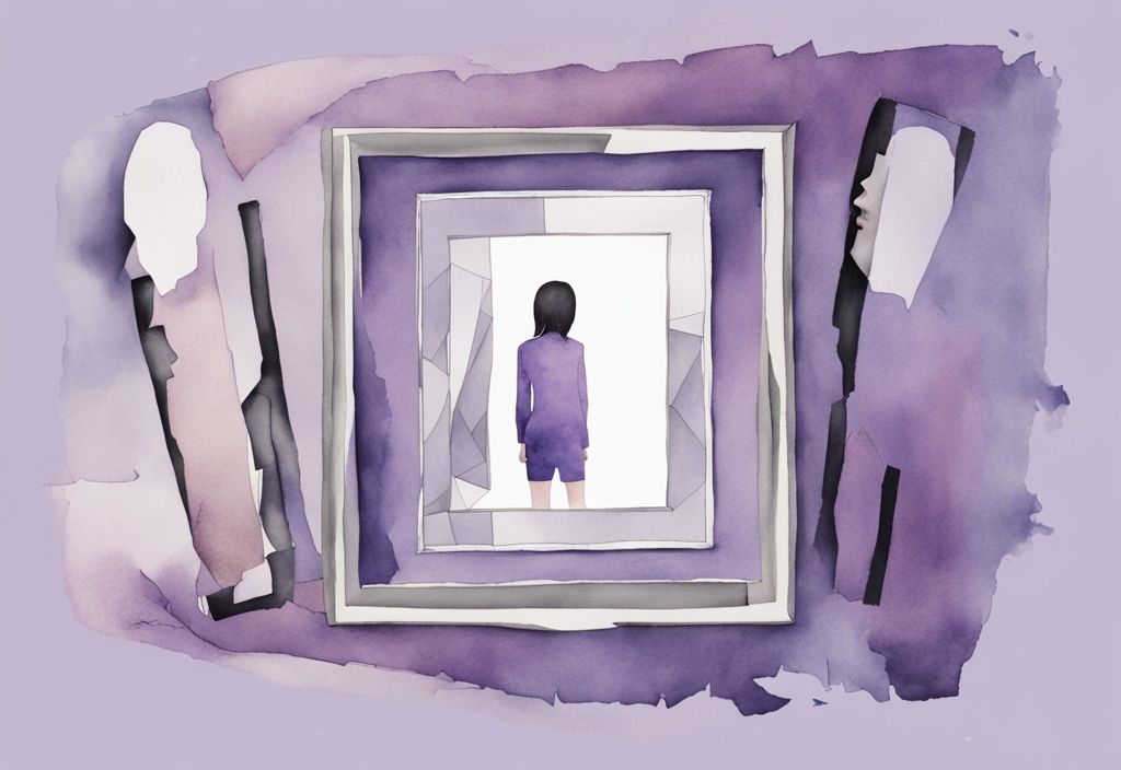 Minimalistic lavender watercolor illustration of a shattered mirror reflecting distorted self-images with quotes on narcissistic mental abuse.