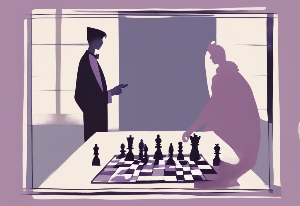 Minimalistic lavender watercolor illustration of a chess game in a mirror, depicting how to outsmart a narcissist with one player moving a queen piece while the opponent subtly directs the game from the shadows.