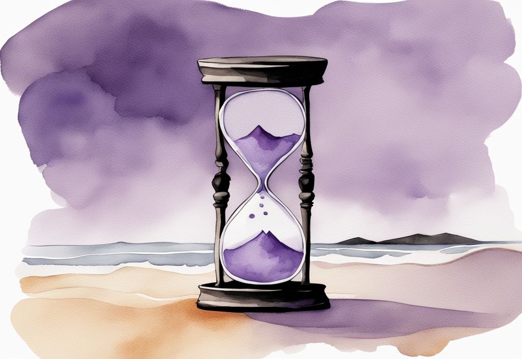 Minimalistic watercolor illustration of an hourglass with a lavender theme, depicting a storm instead of sand, symbolizing the intense emotion of narcissistic rage; how long does narcissistic rage last.