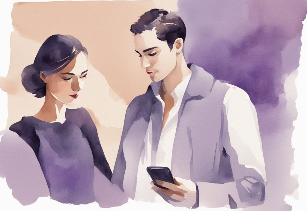 Minimalistic watercolor illustration of a stylish woman secretly texting, showcasing female narcissist cheating patterns, with her unsuspecting partner in the background, main color theme lavender.