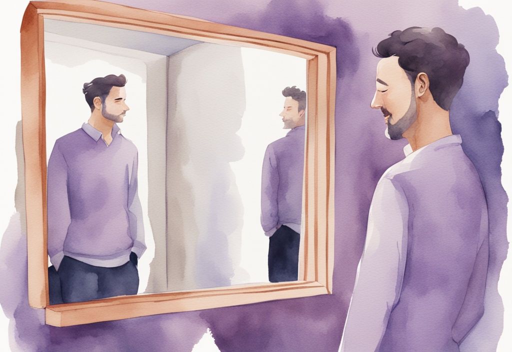 Minimalistic watercolor illustration of a man with an insincere smile looking at his reflection in a mirror, revealing a manipulative and self-absorbed personality; is my husband a covert narcissist.