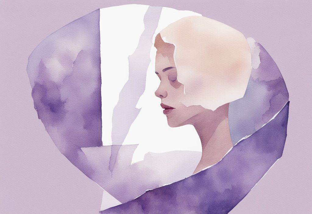 Minimalistic lavender watercolor illustration of a broken mirror reflecting stages of a woman emotionally detaching from a narcissistic partner.