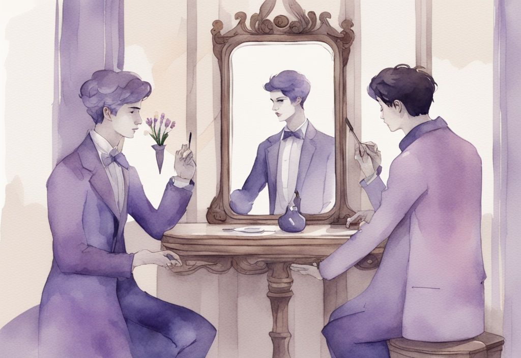 Minimalistic lavender watercolor illustration showing a provocatively dressed character unveiling a mirror to a narcissistic person, depicting how to make a narcissist obsessed with you.