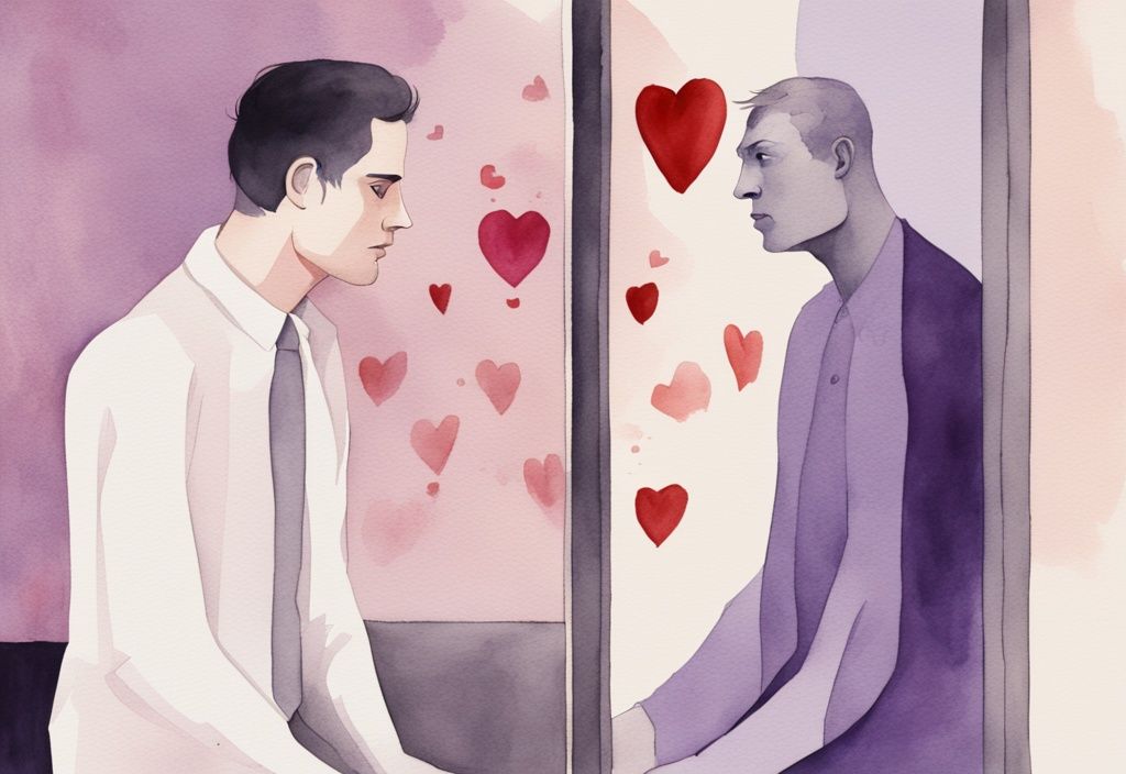 Minimalistic watercolor illustration of a man gazing at his reflection in a heart-embellished mirror, shadowed woman observing with questioning expression, can a narcissist be faithful theme, lavender color.