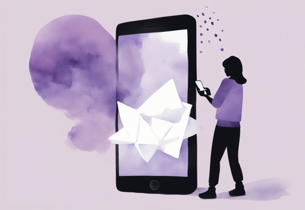 Minimalistic watercolor illustration of a figure hesitating to respond to over-flattering messages on a smartphone, lavender color theme