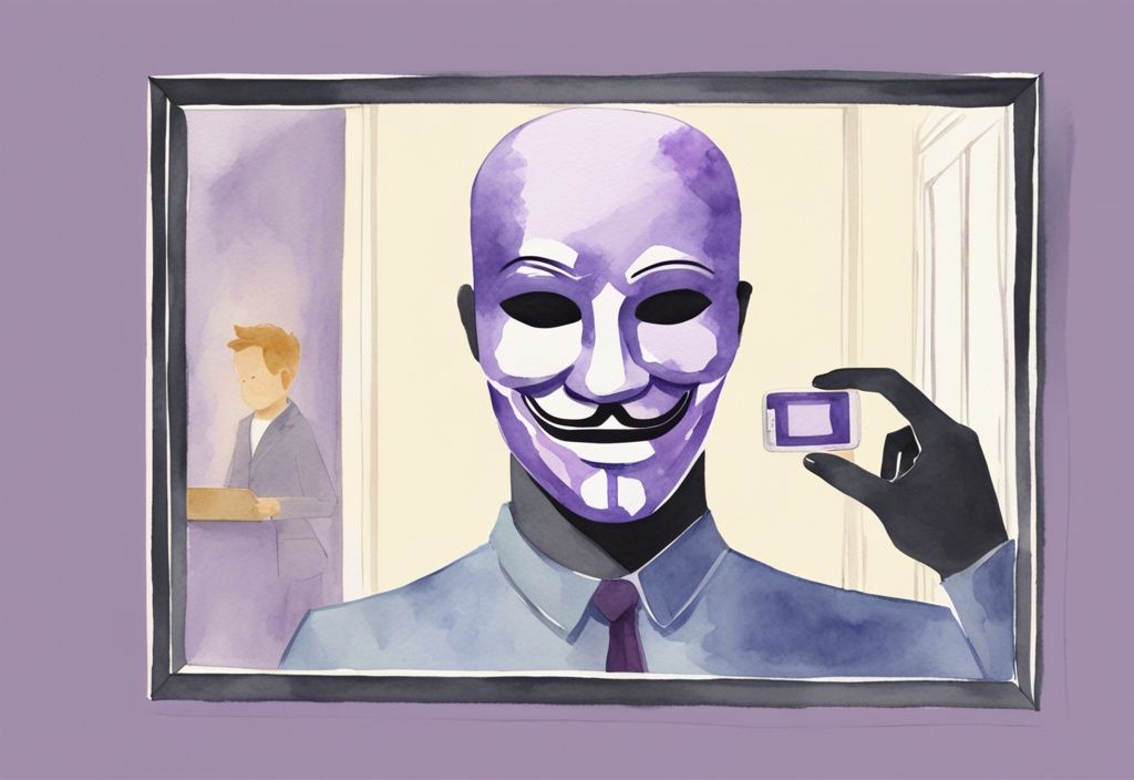 Minimalistic watercolor illustration of a man secretly texting, with a sinister masked reflection in the mirror, symbolizing covert narcissism and cheating, lavender color theme.