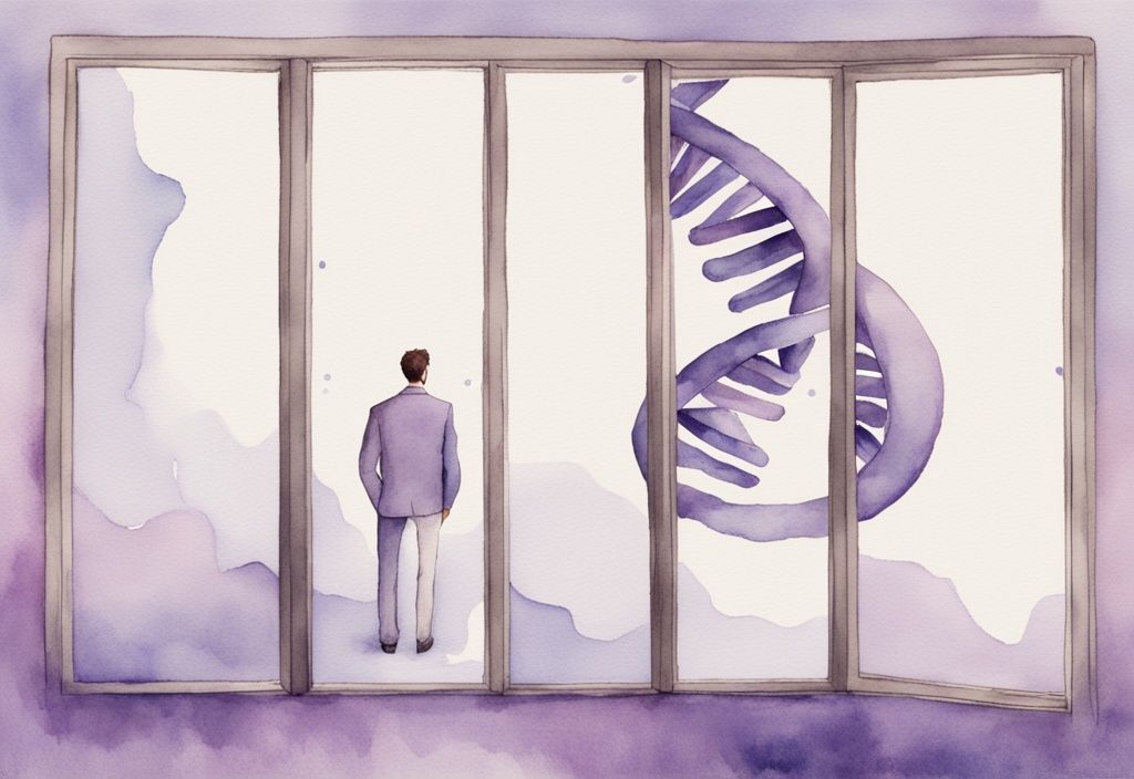 Minimalistic watercolor illustration in lavender hues depicting a DNA double helix and a mirror reflecting a confident man, symbolizing the genetic aspect of narcissism and exploring identity and self-perception.