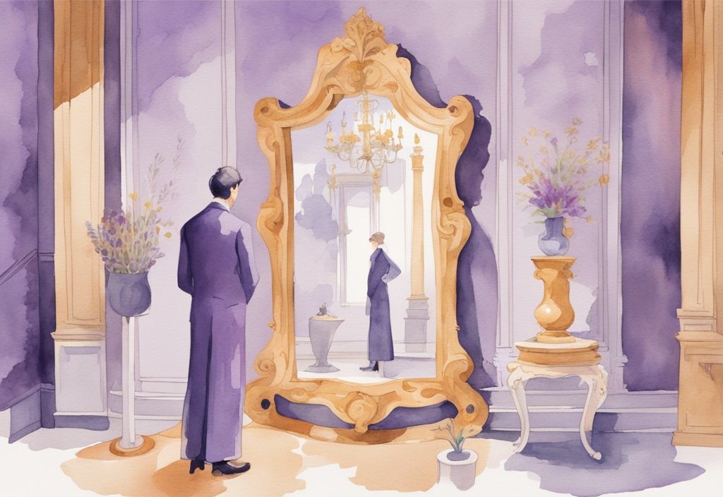 Minimalistic lavender watercolor illustration of a figure admiring its reflection in a grandiose, oversized mirror, surrounded by symbols of wealth and fame, depicting grandiose narcissism.