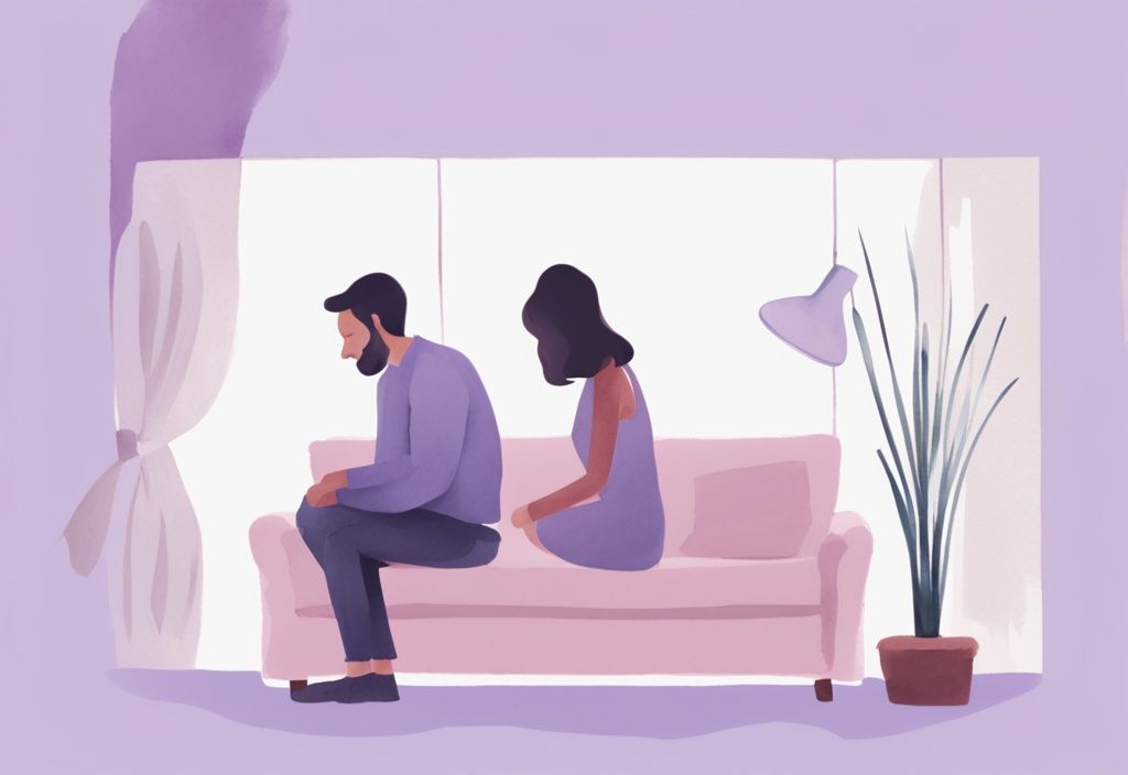 Watercolor illustration of a frustrated woman on a couch with a man focused on his reflection, highlighting the question "is my boyfriend a narcissist