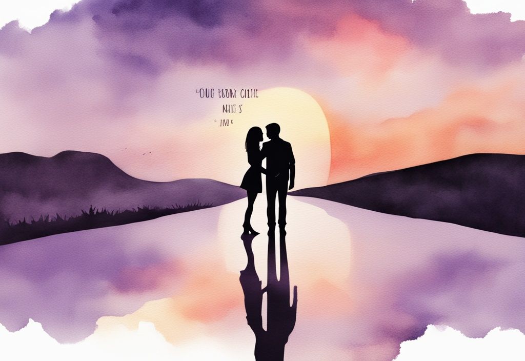 Minimalistic watercolor illustration of a silhouetted couple separating at a crossroads with a dramatic sunset, featuring an empowering final goodbye toxic relationship quote in lavender tones.