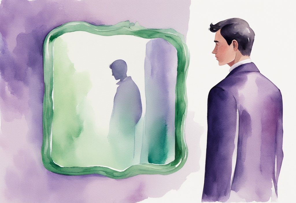 Minimalistic lavender watercolor illustration of a man admiring his reflection in a vibrant jade mirror