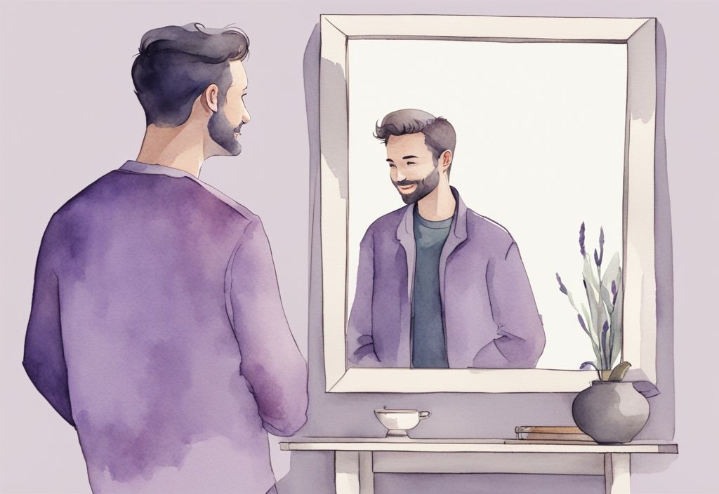 Minimalistic lavender watercolor illustration of a man with a charming but insincere smile looking at his reflection, revealing a manipulative and self-absorbed personality, is my husband a covert narcissist.