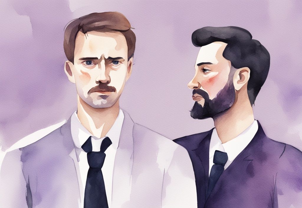 Minimalistic watercolor illustration of a passive-aggressive narcissist husband with a smug expression ignoring his frustrated partner, lavender color theme