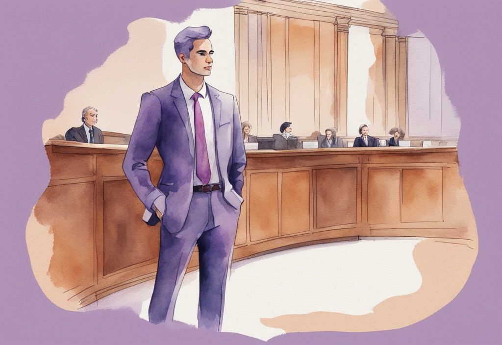 Minimalistic watercolor of confident lawyer in courtroom subtly outwitting arrogant individual, illustrating how to beat a narcissist in court, with lavender color theme.