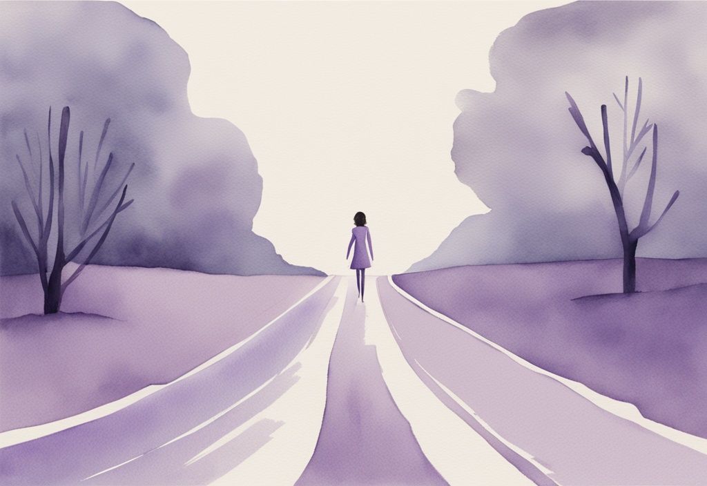 Minimalistic watercolor illustration of an individual at a fork in the road, choosing between a codependent mother and a path to freedom, symbolizing how to detach from a codependent mother.