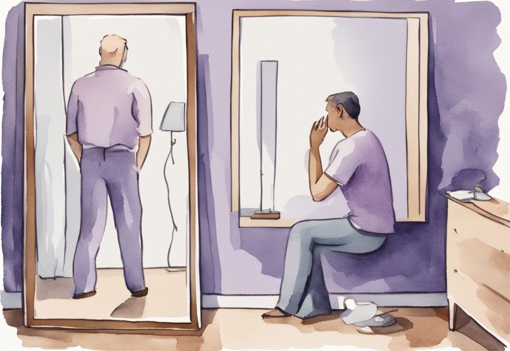 Minimalistic watercolor illustration of an exhausted man and his narcissist wife looking in a mirror, highlighting the effects of being married to a narcissist wife, with a lavender color theme.