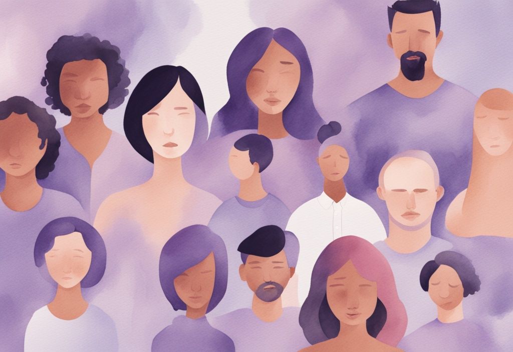 Minimalistic watercolor illustration in lavender showing diverse individuals with various emotional expressions and behaviors representing narcissistic victim syndrome symptoms