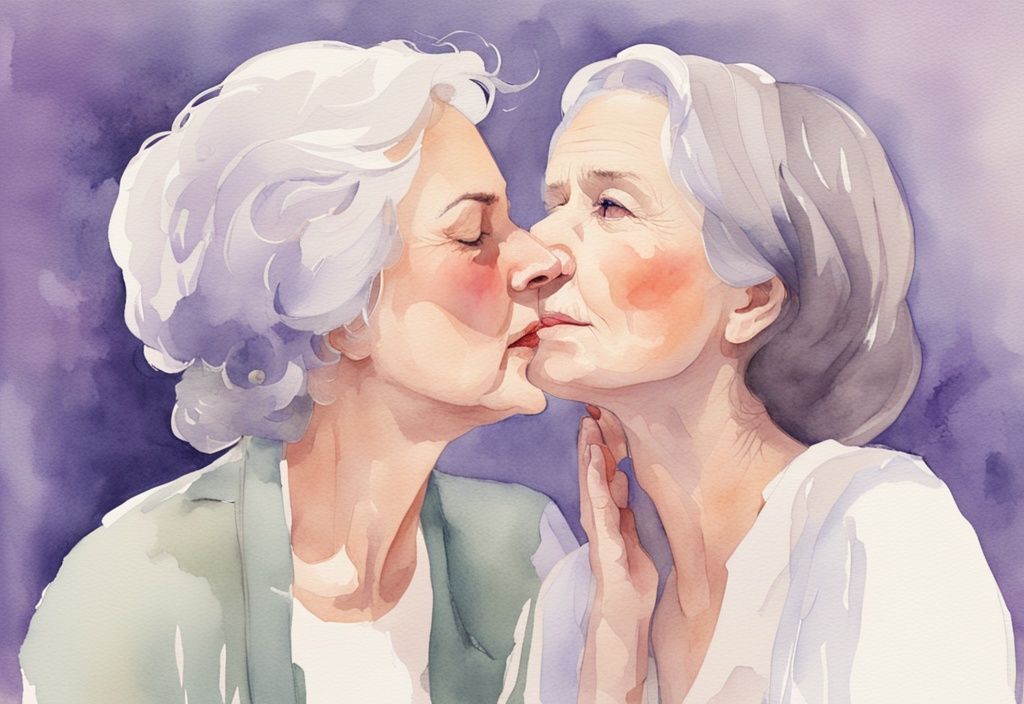 Minimalistic lavender watercolor illustration of an older woman whispering to a flustered younger woman, with a mirror reflecting the older woman's self-absorbed expression.