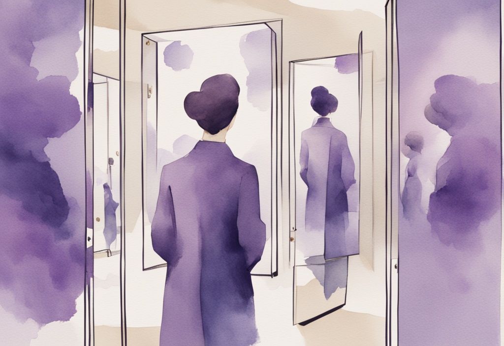 Minimalistic lavender watercolor illustration of a person admiring their reflection in multiple mirrors showcasing exaggerated achievements and grand status.