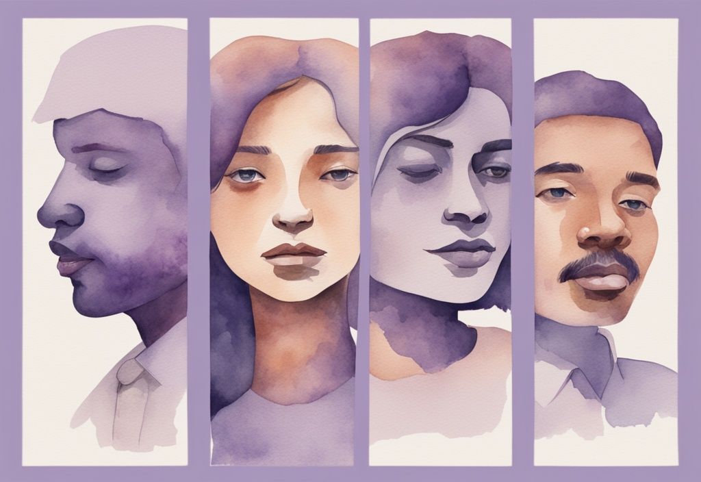 Minimalistic watercolor illustration of human faces transitioning from happiness to guilt in lavender tones, symbolizing emotional changes after cheating