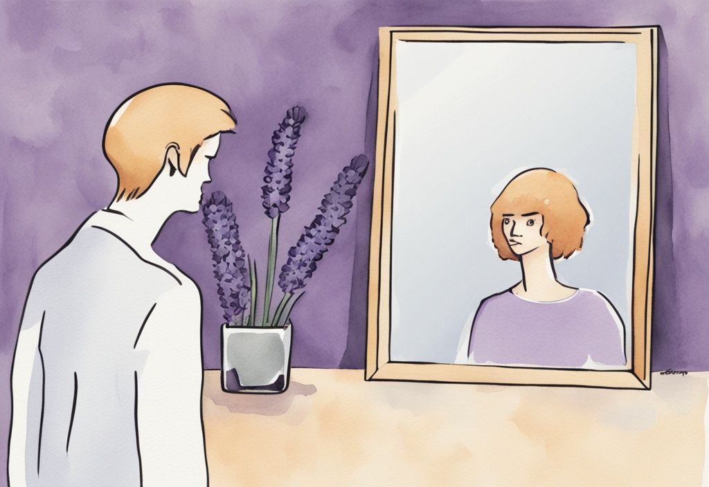 Minimalistic watercolor illustration in lavender showing a narcissist annoyed by being ignored in a mirror reflection.