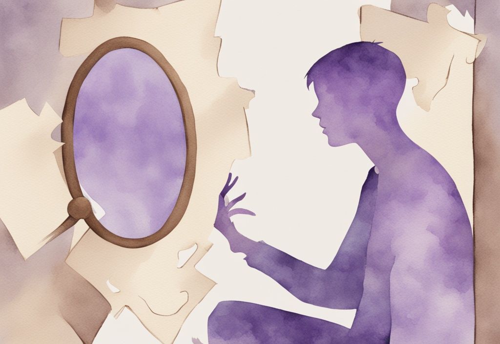 Minimalistic watercolor illustration in lavender of a puzzled person reflected in a cracked mirror, symbolizing self-doubt and introspection about toxic relationship behaviors