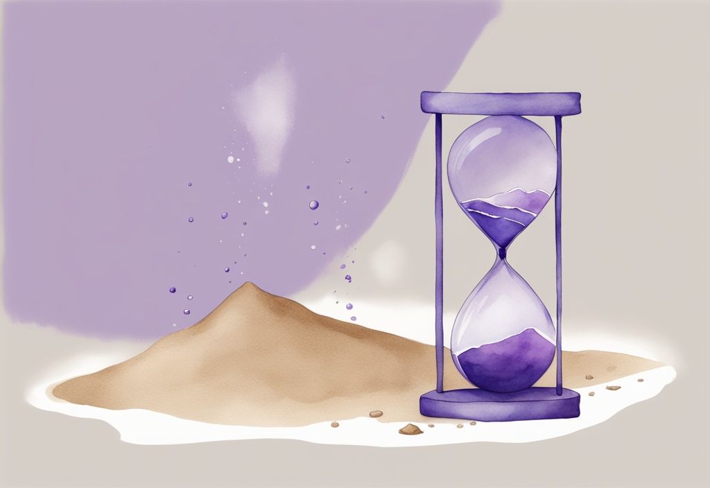 Minimalistic watercolor illustration in lavender of an hourglass symbolizing time passing and a shattering mirror reflecting a pained self-image, related to how long does narcissistic collapse last.