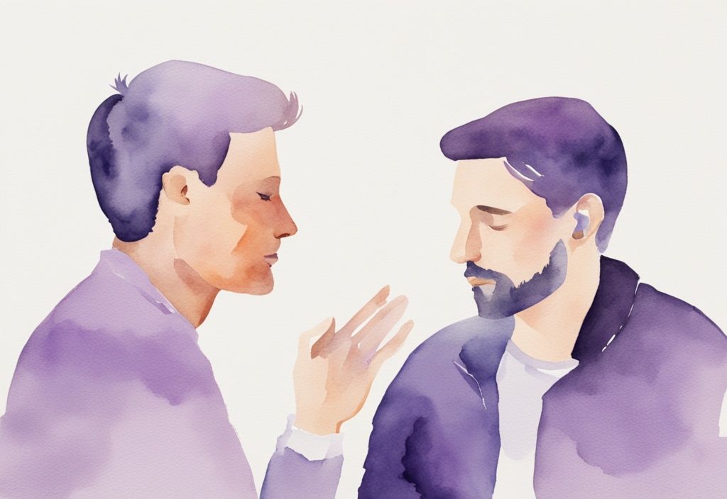 Minimalistic lavender watercolor illustration of two people in deep conversation, one person dominating the dialogue, reflecting conversational narcissism.