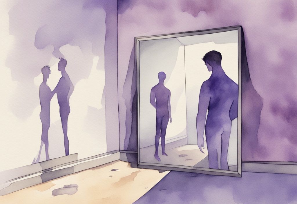 Minimalistic lavender watercolor illustration of a narcissist's fear of exposure, showing a character shrinking from a spotlight with a monstrous reflection in a mirror.