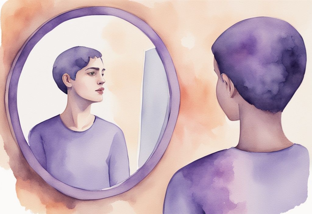 Minimalistic watercolor illustration of a person looking into a mirror with DSM-5 Narcissistic Personality Disorder criteria reflected around them, main color theme lavender.