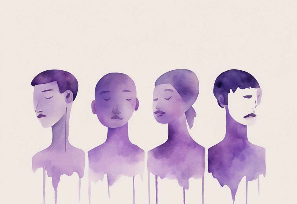 Minimalistic watercolor illustration of four human faces transitioning from happiness to guilt, symbolizing emotional changes after cheating, in lavender tones.