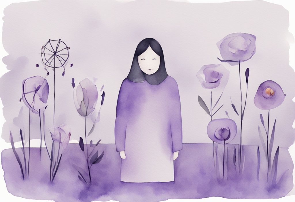 Minimalistic watercolor illustration with lavender theme showing five prohibitory signs against crying, begging, stalking, re-engaging, and self-blame after ending a relationship with a narcissist.