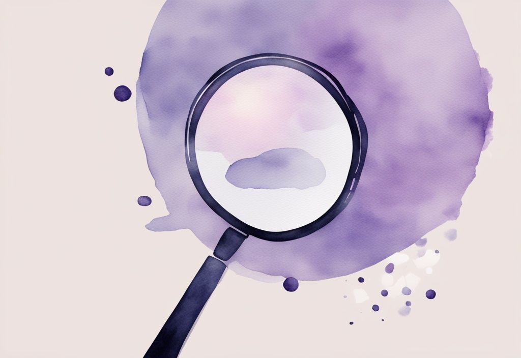 Minimalistic watercolor illustration in lavender showing a magnifying glass over a social media profile with self-promoting posts and excessive selfies, depicting how to spot a narcissist on social media.