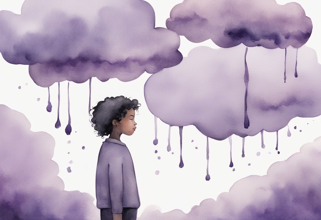 Minimalistic watercolor illustration of a young individual facing eight dark clouds symbolizing 8 signs you were raised by a toxic mother, with a lavender color theme.