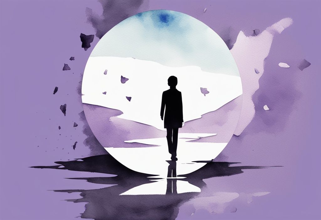 Minimalistic watercolor illustration of a person walking away from a shattered mirror with blurred painful memories, surrounded by empowering quotes on moving on, in lavender color theme.