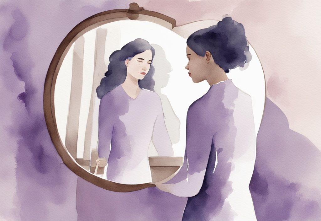 Minimalistic watercolor illustration of a doubtful woman seeing her partner's narcissistic traits in a mirror, lavender color theme.