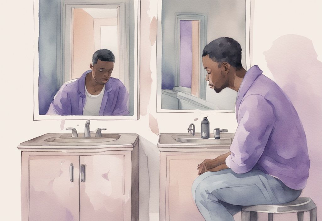 Minimalistic watercolor illustration of a narcissist discarding a loved one's photo, gazing admiringly into a mirror, with a lavender color theme.