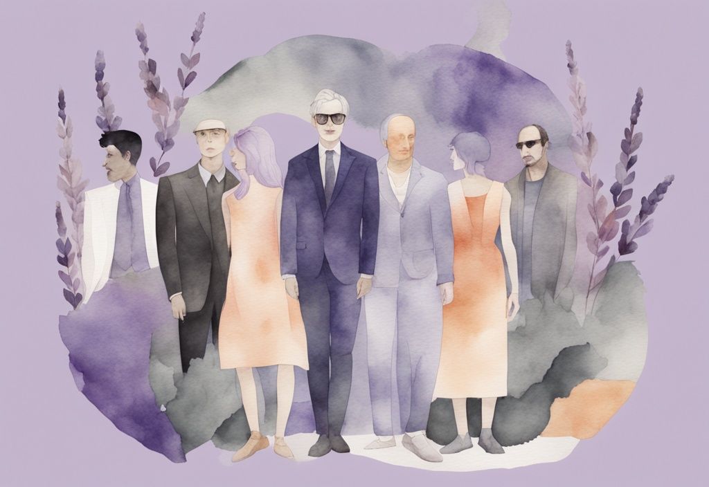 Minimalistic watercolor illustration of narcissistic fictional characters in lavender tones, showcasing their grandiose self-image and manipulative behaviors.