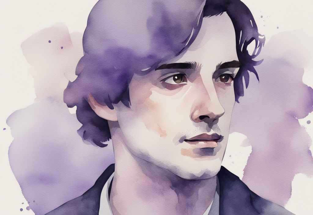 Minimalistic lavender watercolor illustration of a charming man with manipulative shadowed eyes subtly controlling a situation.