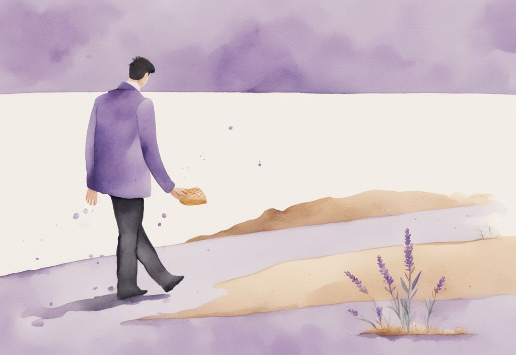 Minimalistic lavender watercolor illustration of narcissist breadcrumbing, showing an individual picking up breadcrumbs left by a confident person walking ahead.