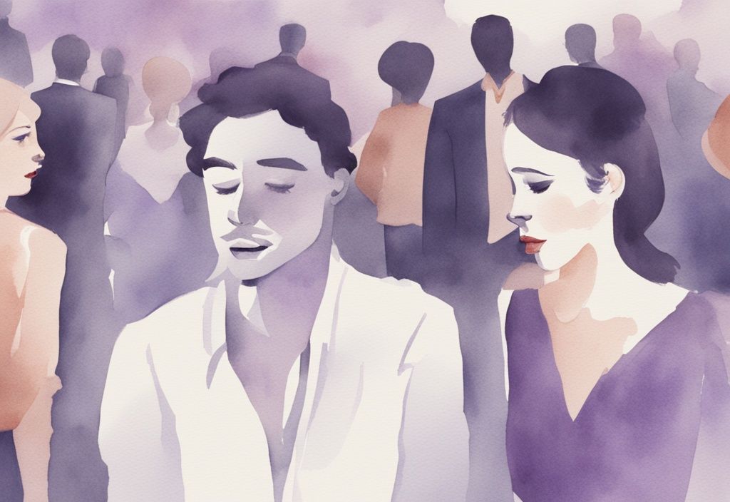 Minimalistic watercolor illustration of a woman in lavender theme subtly drawing attention at a crowded party, smirking at a captivated man, showcasing a psychological tug-of-war.