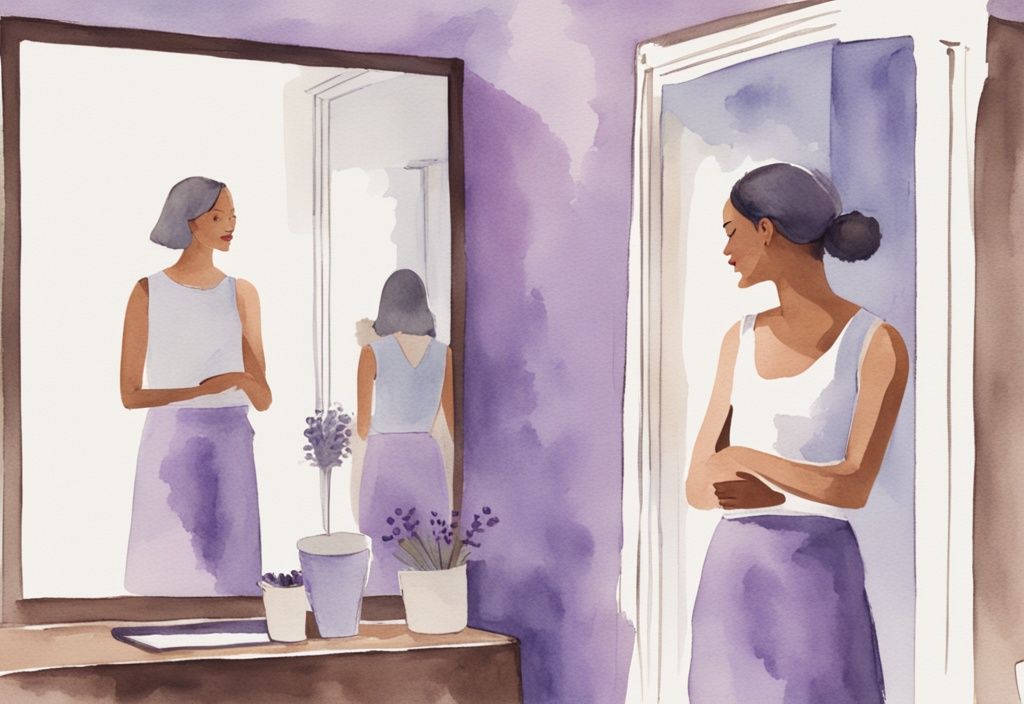 Minimalistic watercolor illustration of a narcissist wife admiring her reflection in a mirror with an indifferent husband in the background, lavender color theme.