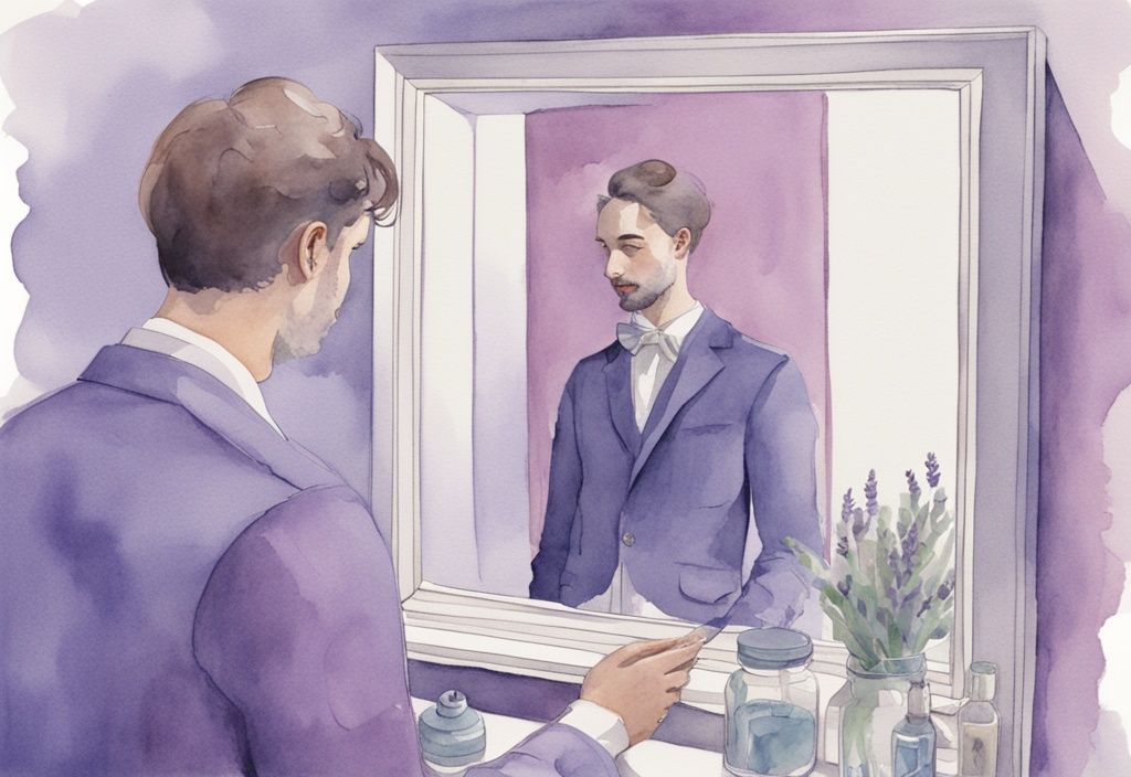 Minimalistic watercolor illustration of a man admiring himself in a mirror, surrounded by adoring, over-idealized reflections, depicting narcissist idealization, in lavender color theme.