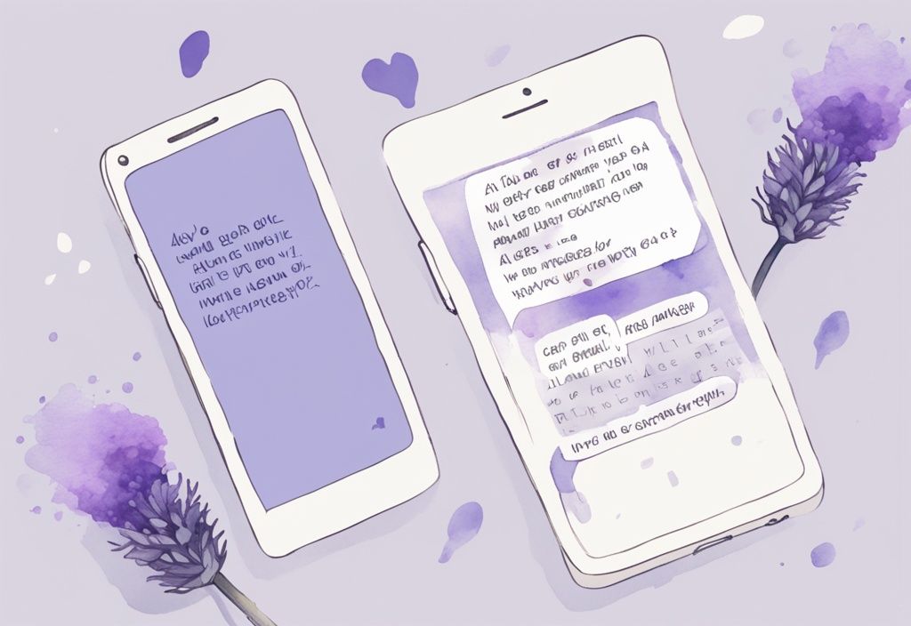 Minimalistic lavender watercolor illustration of a smartphone screen showing a monotonous, one-sided text conversation, emphasizing dry texting.