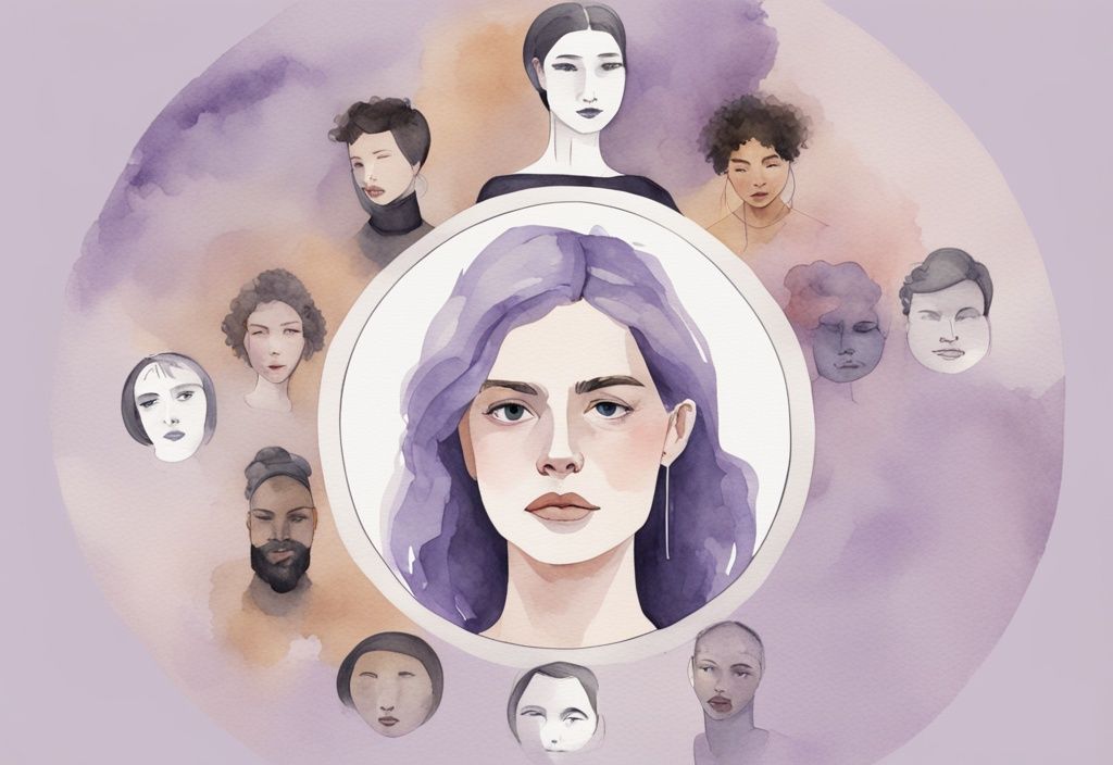 Minimalistic watercolor illustration depicting 7 signs of a female narcissist, featuring icons for vanity, lack of empathy, and need for admiration, centered around a stylish woman with an arrogant smirk.