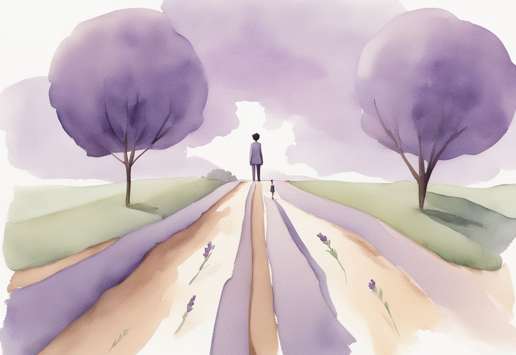 Minimalistic watercolor illustration of a person at a fork in the road, choosing between a codependent mother and a path to freedom, representing how to detach from a codependent mother.