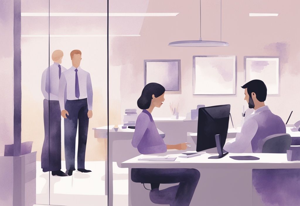 Minimalistic watercolor illustration of a narcissistic coworker admiring themselves in a mirror, ignoring hardworking colleagues in a lavender-themed office scene.